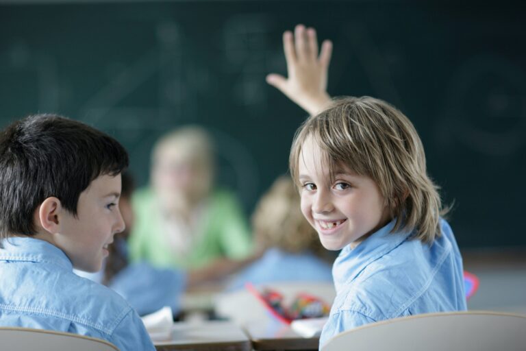 School boy raising hand in class